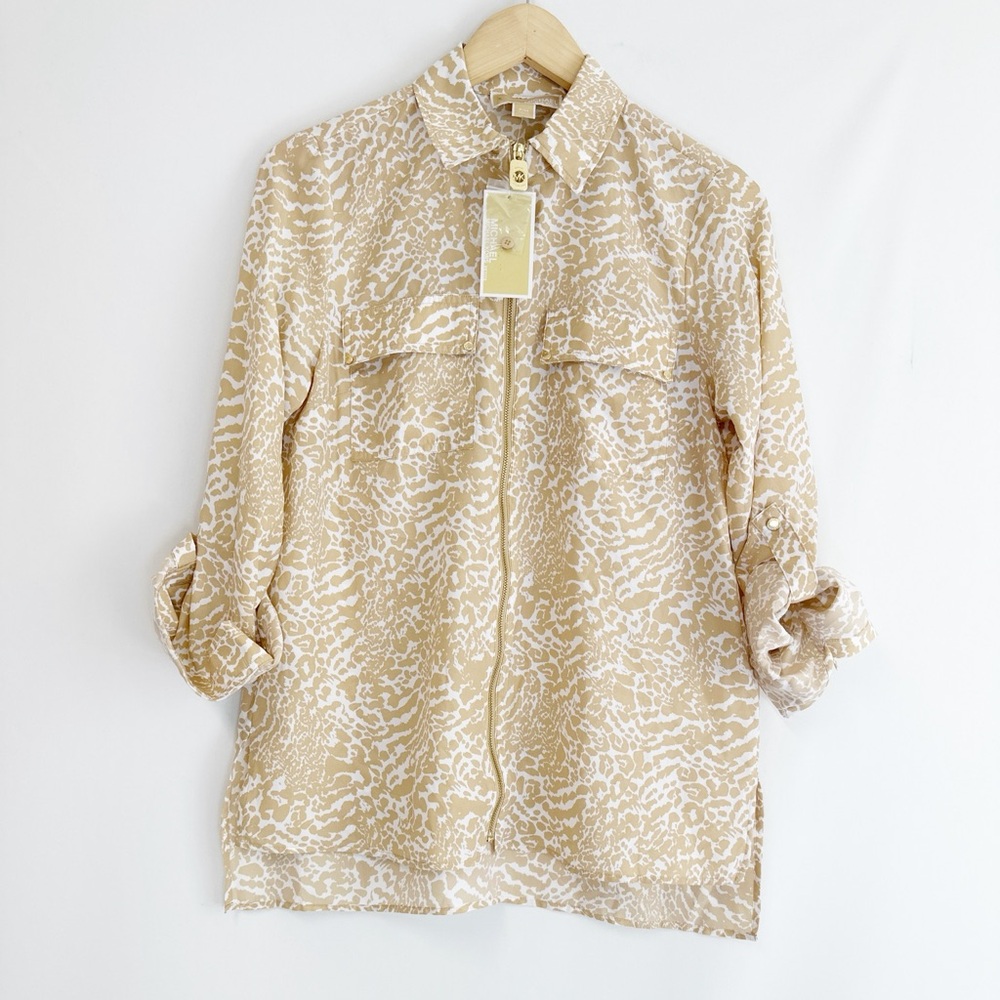 Michael Kors Woven Ocelot Dogtag Inverted Graphic Collared Long Sleeve Top PM